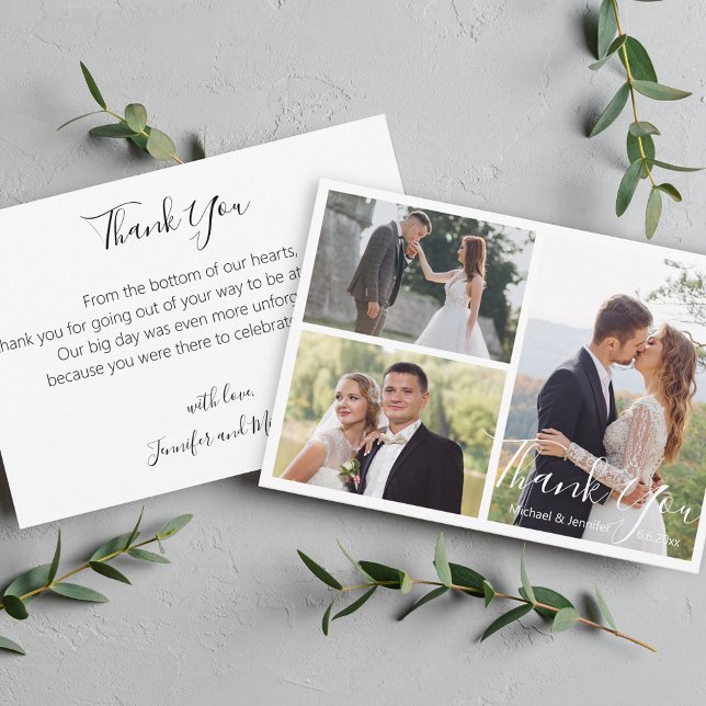 elegant  modern calligraphy wedding photo collage thank you card (Creator Uploaded)