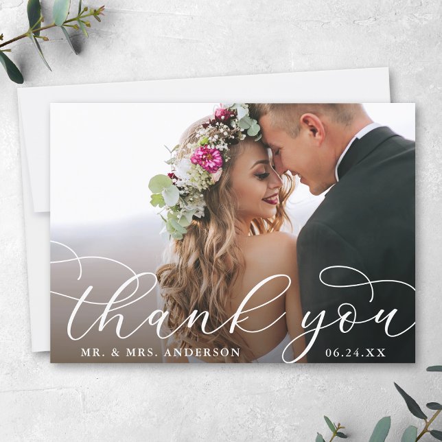 Elegant Modern Calligraphy Wedding Photo Thank You Card (Customize to add text or more photos to back of card.)