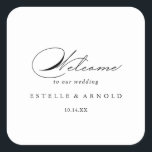 Elegant Modern Calligraphy Wedding Welcome  Square Sticker<br><div class="desc">This elegant modern calligraphy wedding welcome square sticker is perfect for a rustic wedding. The simple and stylish design features classic and fancy script typography in black and white. These labels are perfect for hotel guest welcome bags and destination weddings.</div>