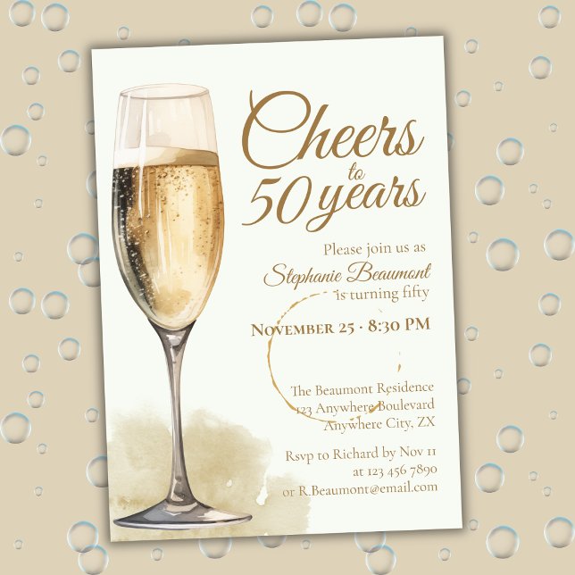 Elegant Modern Champagne Cheers 50th Birthday Invitation (Creator Uploaded)