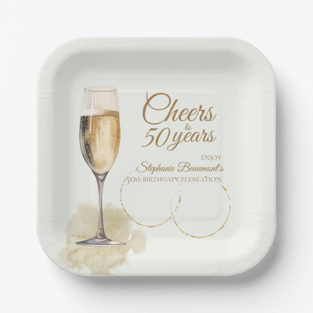 Elegant Modern Champagne Cheers 50th Birthday Paper Plate (Front)