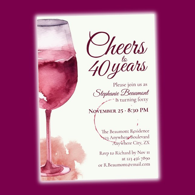 Elegant Modern Cheers Red Wine 40th Birthday Party Invitation (Creator Uploaded)