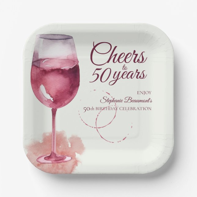 Elegant Modern Cheers Red Wine 50th Birthday Party Paper Plate (Front)