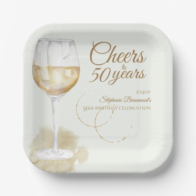 Elegant Modern Cheers White Wine 50th Birthday Paper Plate (Front)