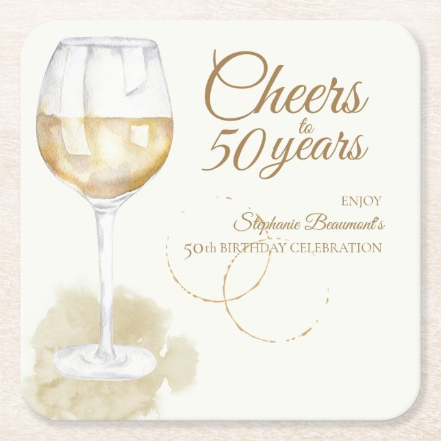 Elegant Modern Cheers White Wine 50th Birthday Square Paper Coaster (Front)
