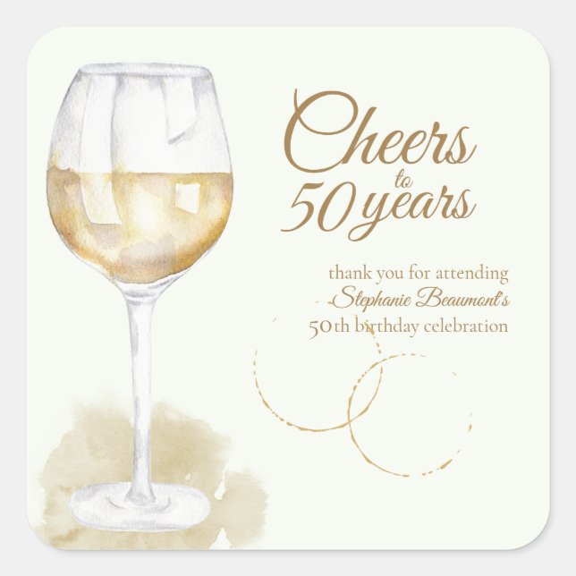 Elegant Modern Cheers White Wine 50th Birthday Square Sticker (Front)