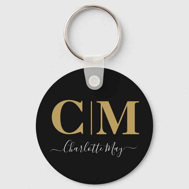 Elegant Modern Chic Black Gold Business Monogram Key Ring (Front)