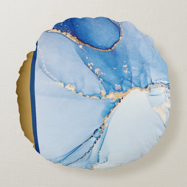 Elegant Modern Chic Blue and Gold Marble Pattern  Round Cushion (Front)