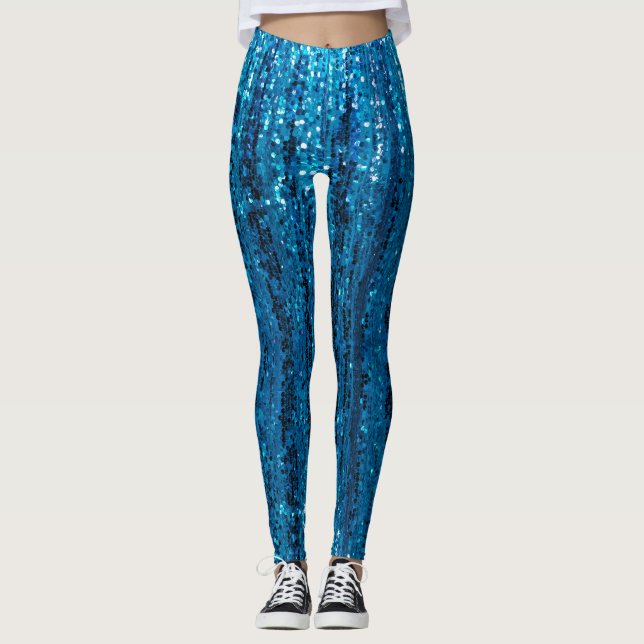 Elegant modern chic blue Glitter Sparkle sequins  Leggings (Front)