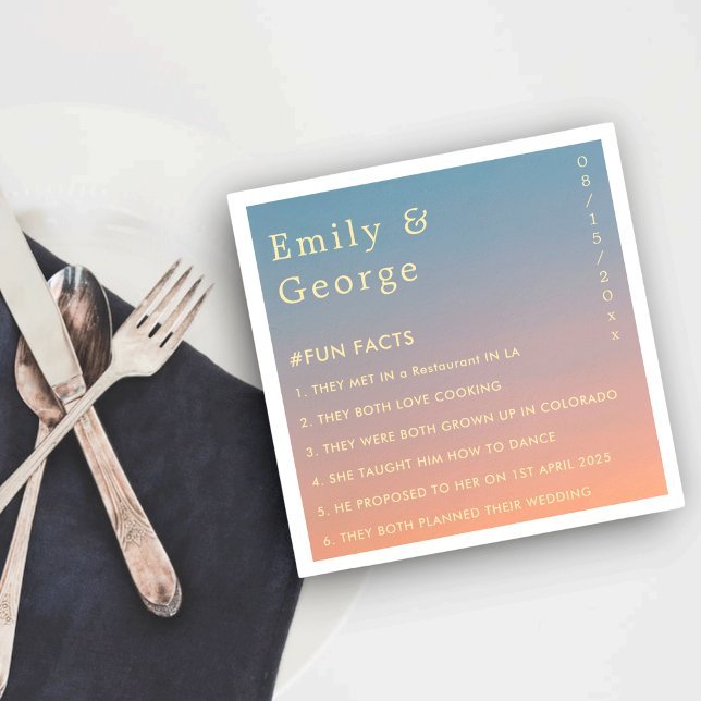 Elegant Modern Chic Blue Orange Fun Facts Wedding Napkin (Creator Uploaded)