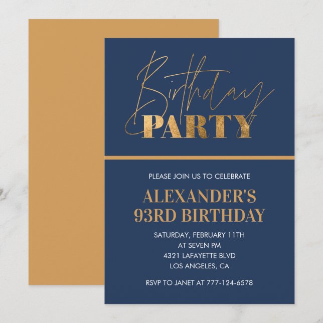  Elegant Modern Chic Gold Navy blue 93rd birthday Invitation (Front/Back)
