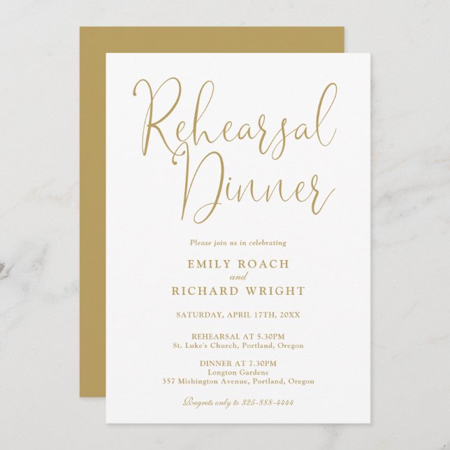 Elegant Modern Chic Gold Script  Rehearsal Dinner Invitation (Front/Back)