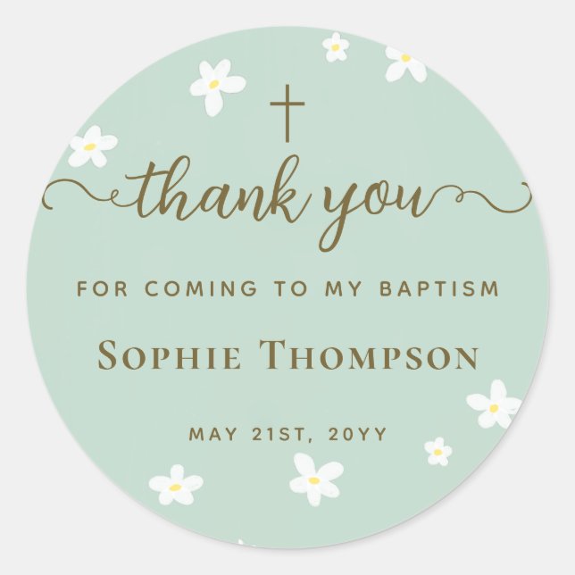 Elegant Modern Chic Green Daisy Floral Thank You Classic Round Sticker (Front)