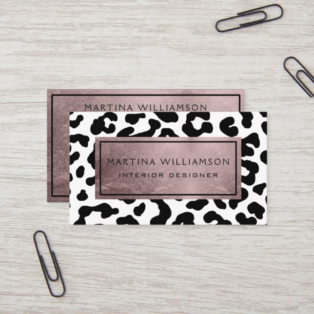 Elegant Modern Chic Leopard Print Rose Gold Business Card (Front/Back In Situ)