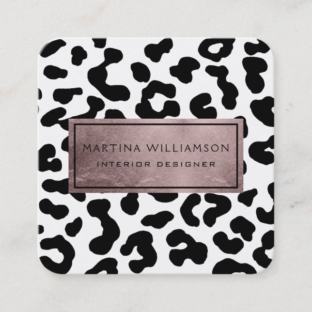 Elegant Modern Chic Leopard Print Rose Gold Foil Square Business Card (Front)