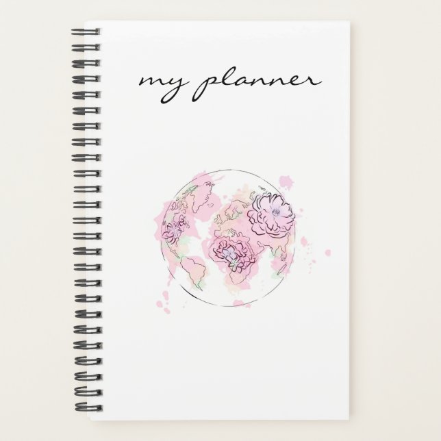 Elegant Modern Chic Pink Watercolor Globe Planner (Front)