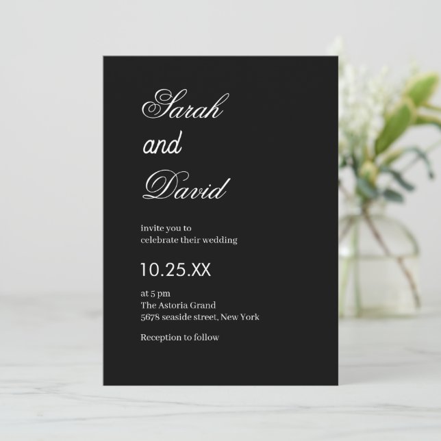 Elegant Modern chic text black and white wedding Invitation (Standing Front)