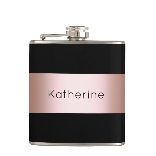 Elegant modern chick rose gold & black strip hip flask (Front)