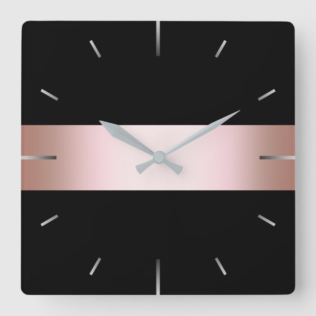 Elegant modern chick rose gold & black strip square wall clock (Front)