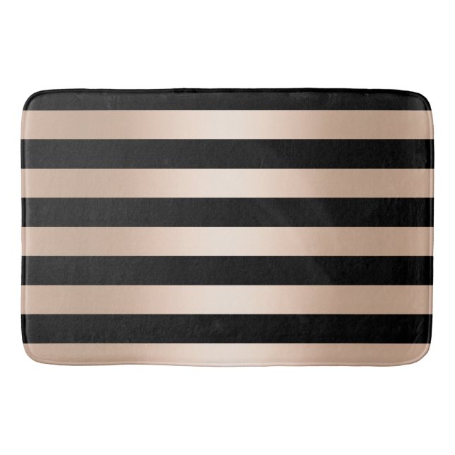 Elegant modern chick rose gold black striped bath mat (Front)