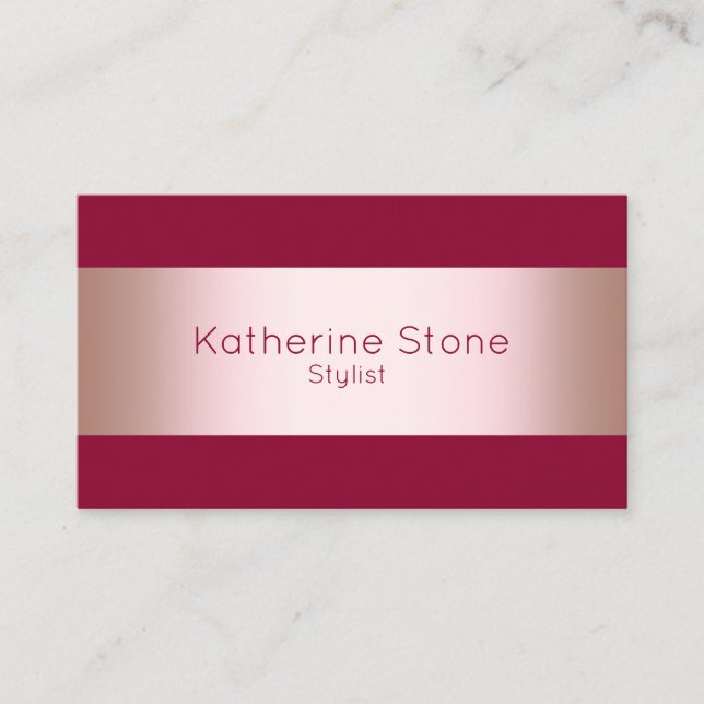 Elegant modern chick rose gold & burgundy strip business card (Front)