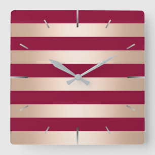 Elegant modern chick rose gold burgundy striped square wall clock