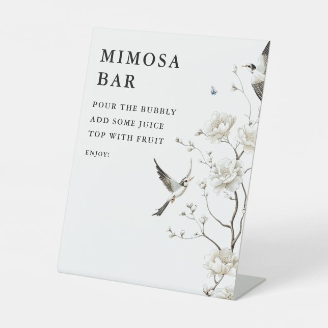 Elegant Modern Chinoiserie Floral Mimosa Bar Pedestal Sign (Front)