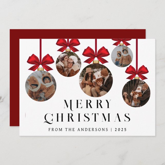 Elegant Modern Christmas Family 5 Ornament Photo Holiday Card (Front/Back)