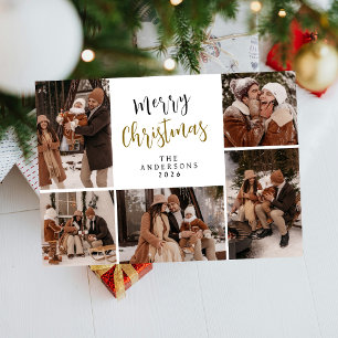 Elegant Modern Christmas Family 5 Photo Holiday Card