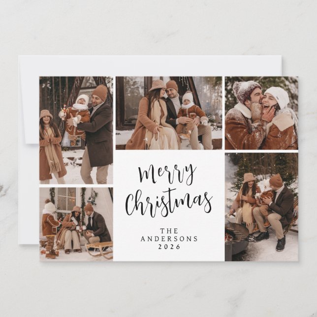 Elegant Modern Christmas Family 5 Photo  Holiday Card (Front)