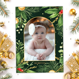 Elegant Modern Christmas Photo Botanical Greenery Holiday Card