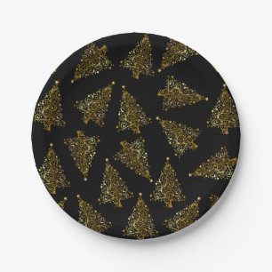 Elegant modern Christmas tree pattern black gold Paper Plate