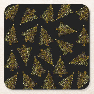 Elegant modern Christmas tree pattern black gold Square Paper Coaster