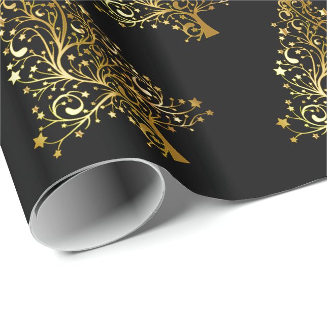 Elegant modern Christmas tree pattern black gold Wrapping Paper (Roll Corner)
