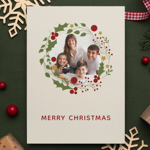 Elegant Modern Christmas Wreath Cream Photo Holiday Card