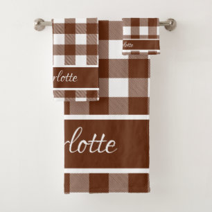 Elegant Modern Cinnamon Brown White Buffalo Checks Bath Towel Set