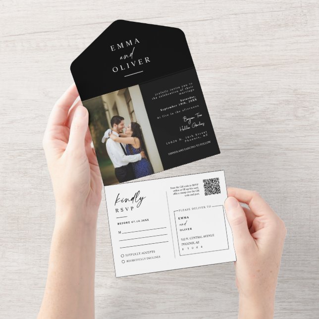 Elegant Modern Classic Black QR Code Photo RSVP All In One Invitation (Tearaway)