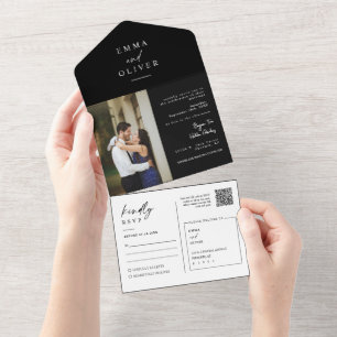 Elegant Modern Classic Black QR Code Photo RSVP All In One Invitation