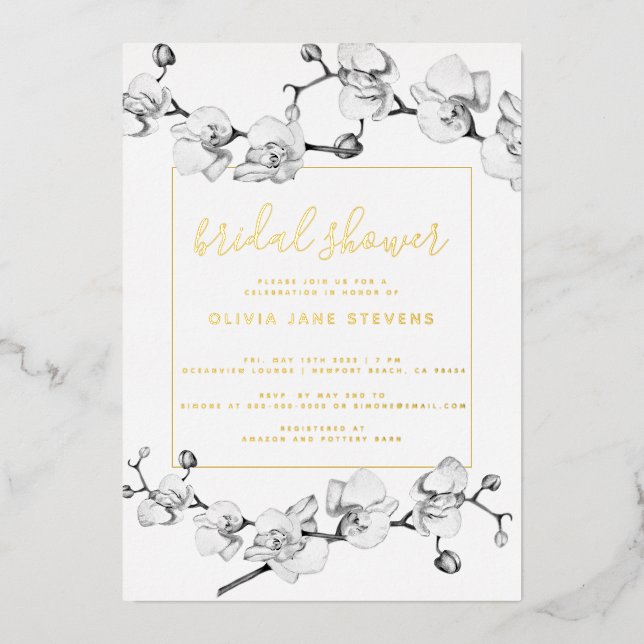 Elegant Modern Classic Gold Orchids Bridal Shower (Front)