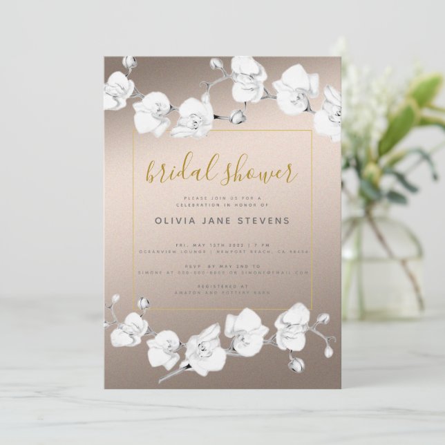 Elegant Modern Classic Orchids Beige Bridal Shower Invitation (Standing Front)