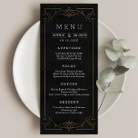Elegant modern classic vintage wedding menu card<br><div class="desc">Vintage elegance ornate swirl design with monogram in gold colour on black background, modern, elegant and classy, perfect for vintage wedding, art deco wedding all year round. Custom your own wedding menu cards add a personal touch to your wedding! See all the matching pieces in this "Black and Gold Modern...</div>
