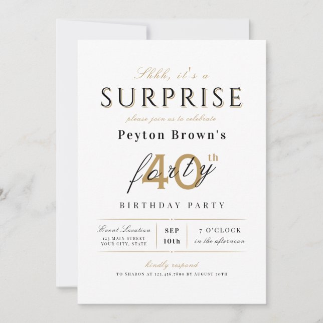 Elegant modern classy surprise 40th birthday invitation (Front)