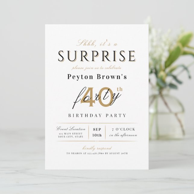 Elegant modern classy surprise 40th birthday invitation (Standing Front)