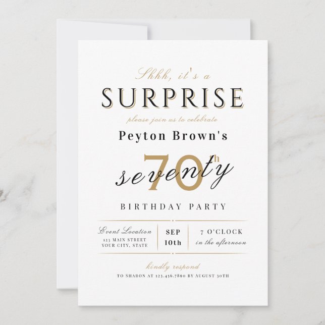 Elegant modern classy surprise 70th birthday invitation (Front)
