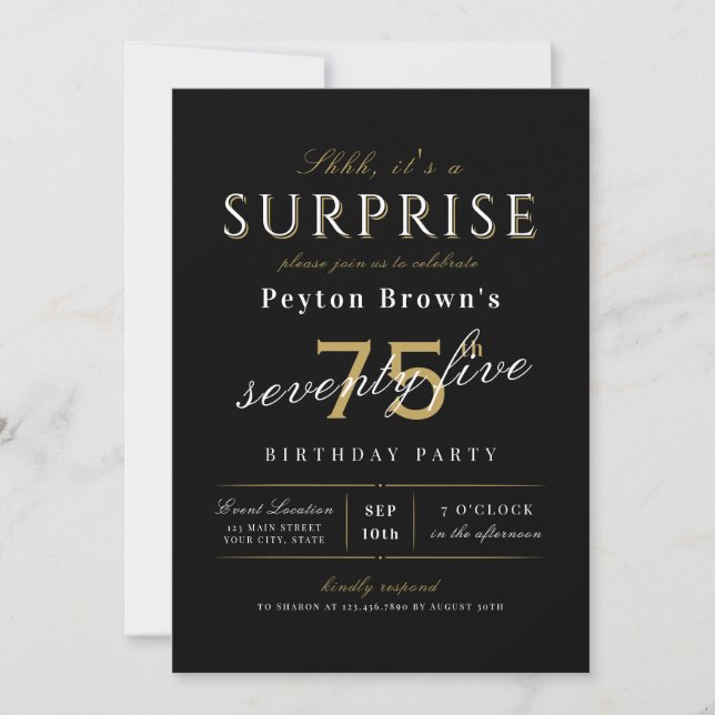 Elegant modern classy surprise 75th birthday invitation (Front)