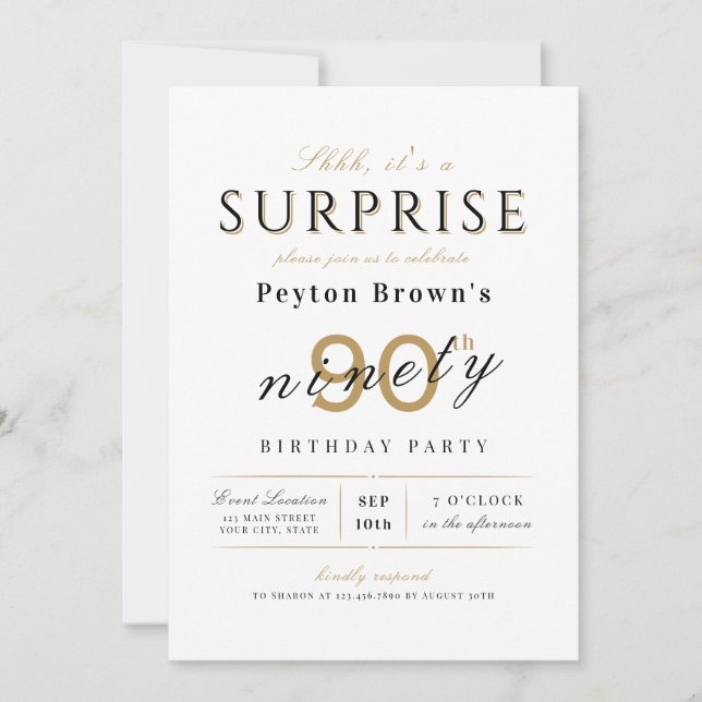 Elegant modern classy surprise 90th birthday invitation (Front)
