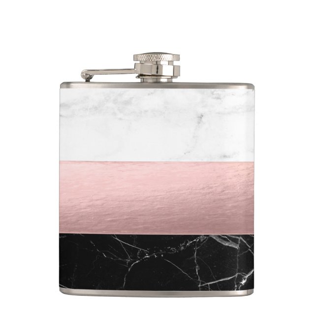 elegant modern clear black white marble rose gold hip flask (Front)