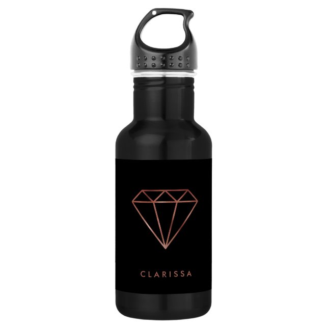 elegant modern clear faux rose gold diamond black 532 ml water bottle (Front)