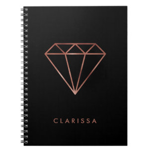 elegant modern clear faux rose gold diamond black spiral notebook