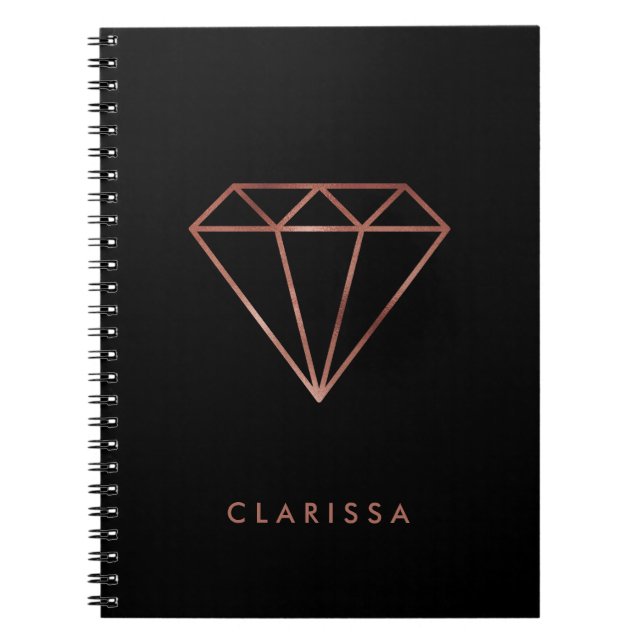 elegant modern clear faux rose gold diamond black spiral notebook (Front)
